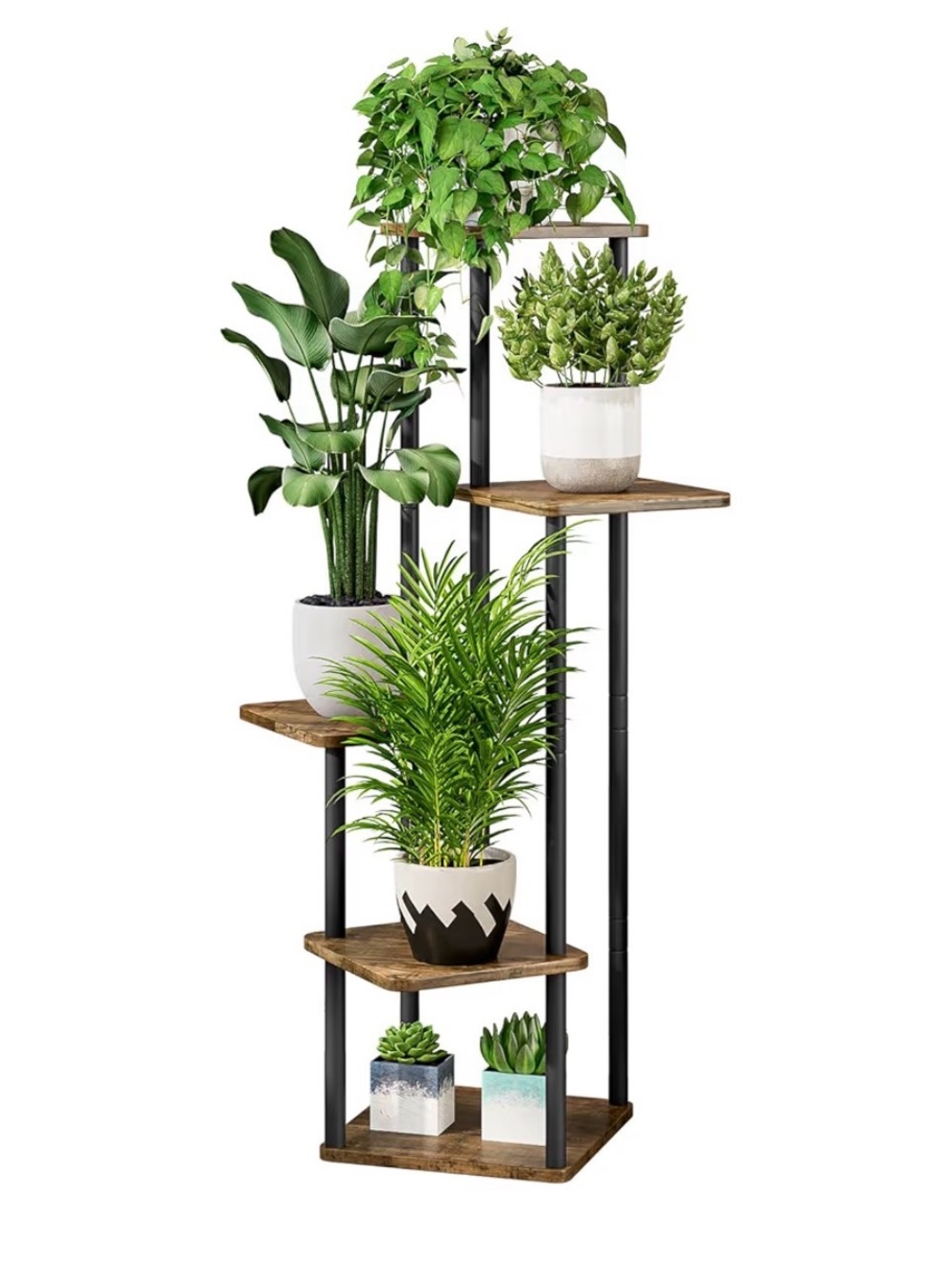 Amazon Rustic Wood and Black Metal Tiered Plant Stand